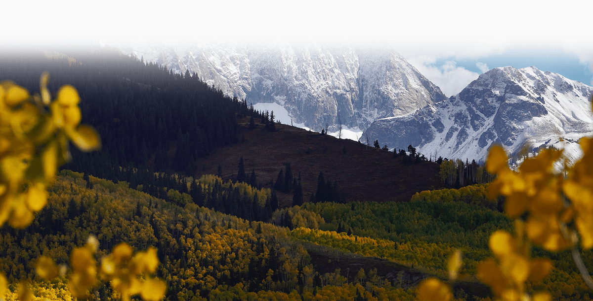 Looking through fall colors towards Capitol Peak in Aspen, Colorado.